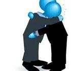 Two blue figures in suits hugging each other