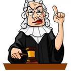 A cartoon judge with his hand raised and one finger up