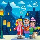 Cartoon character kids standing together in the snow