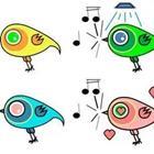 Four cartoon birds in different colors